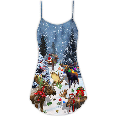 Christmas Merry Christ Moose Snow - V-neck Sleeveless Cami Dress - Owls Matrix LTD