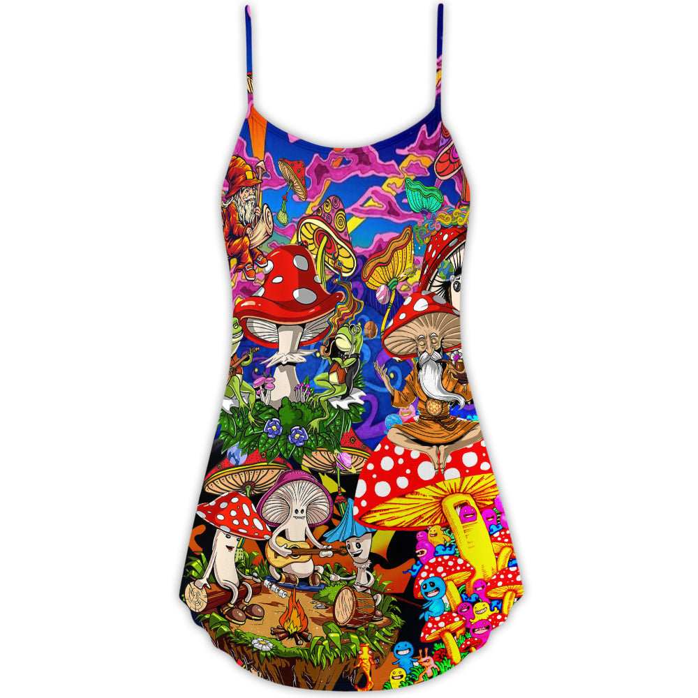 Hippie Mushroom Happy Together - V-neck Sleeveless Cami Dress - Owls Matrix LTD
