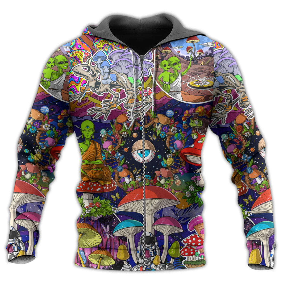 Zip Hoodie / S Hippie Mushroom Aliens Stay Hippie Colorful Art - Hoodie - Owls Matrix LTD