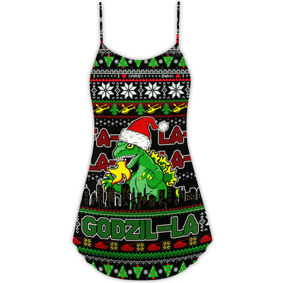 Christmas Godzila Falalalala Xmas - V-neck Sleeveless Cami Dress - Owls Matrix LTD