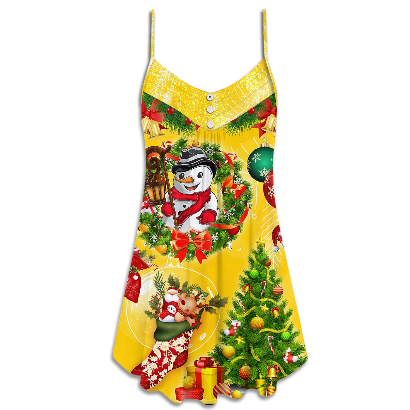 Christmas Funny Snowman Happy Christmas Tree Yellow Light - V-neck Sleeveless Cami Dress - Owls Matrix LTD