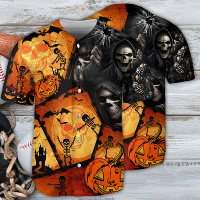 Skull Pumpkin Scary Halloween - Baseball Jersey - Owls Matrix LTD