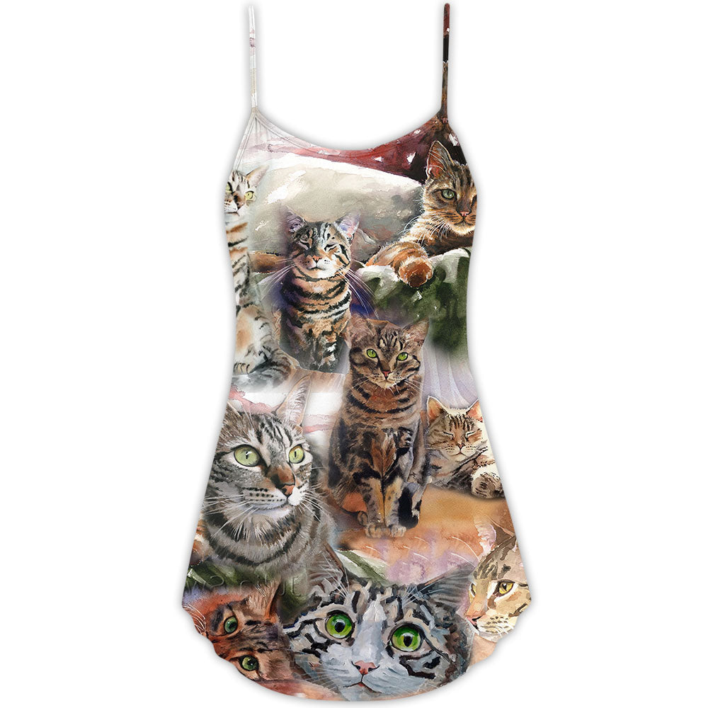 Tabby Cat Art Daily Portrait - V-neck Sleeveless Cami Dress - Owls Matrix LTD