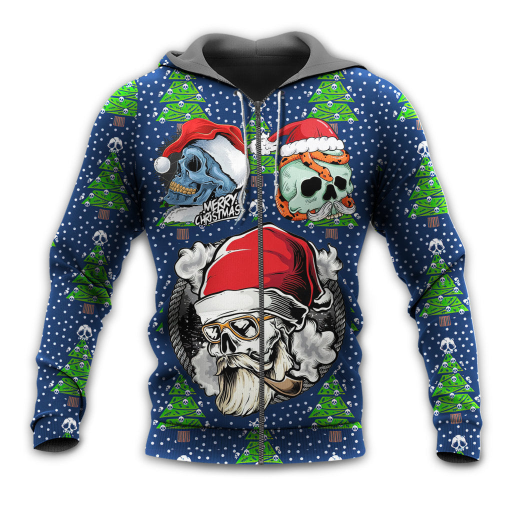 Zip Hoodie / S Christmas Skull With Santa Hat Merry Christmas Snow - Hoodie - Owls Matrix LTD