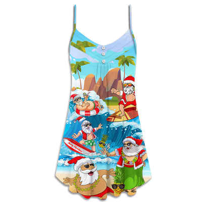 Christmas Santa Claus Play On The Beach Mele Kalikimaka Funny - V-neck Sleeveless Cami Dress - Owls Matrix LTD