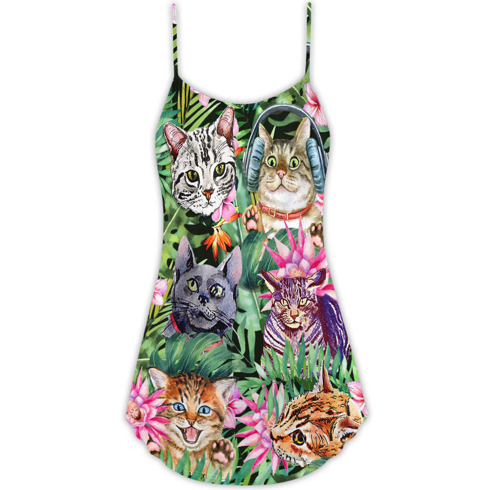 Cat Is My Life Funny Tropical Leaf - V-neck Sleeveless Cami Dress - Owls Matrix LTD