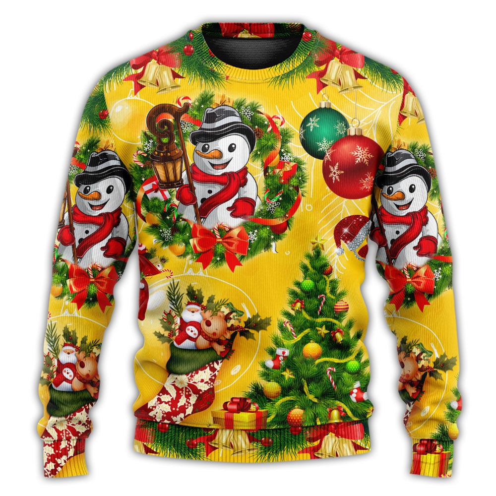 Christmas Sweater / S Christmas Funny Snowman Happy Christmas Tree Yellow Light - Sweater - Ugly Christmas Sweaters - Owls Matrix LTD