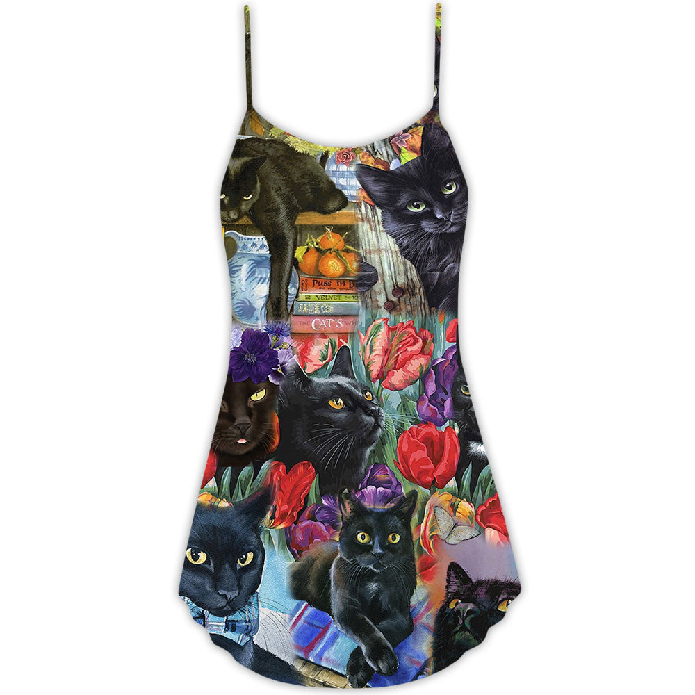 Black Cat Art With Flowers - V-neck Sleeveless Cami Dress - Owls Matrix LTD