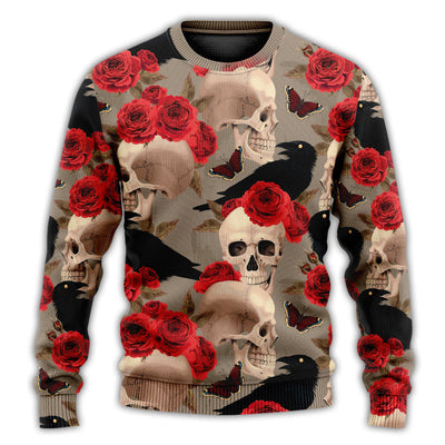 Christmas Sweater / S Skull With Rose Flower And Raven Gothic Style - Sweater - Ugly Christmas Sweaters - Owls Matrix LTD
