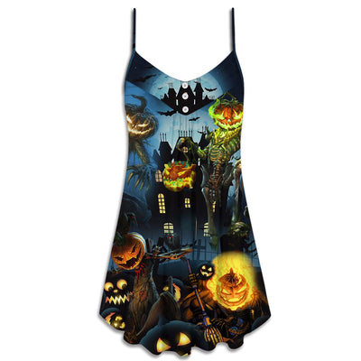 Halloween Pumpkin Scary Sky Night - V-neck Sleeveless Cami Dress - Owls Matrix LTD
