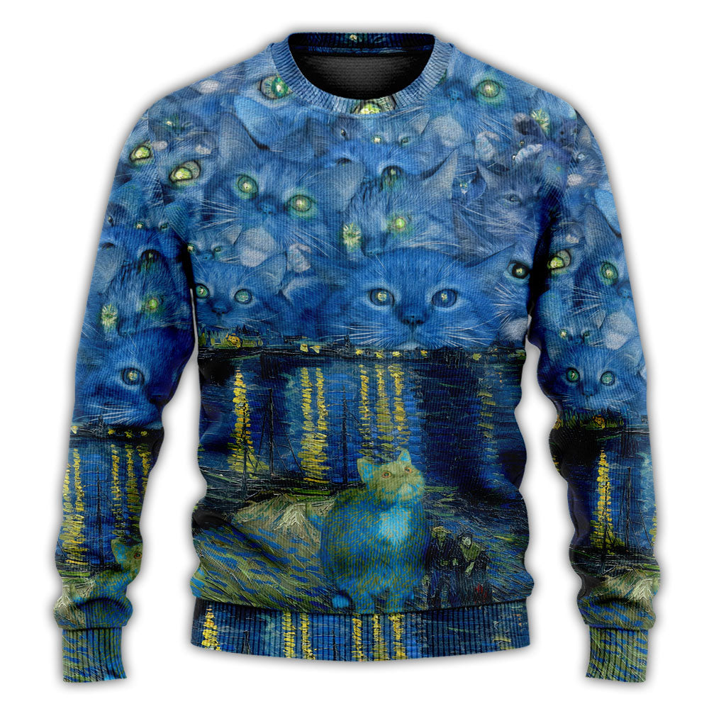 Christmas Sweater / S Cat Starry Night Art - Sweater - Ugly Christmas Sweaters - Owls Matrix LTD