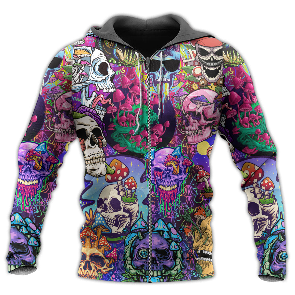 Zip Hoodie / S Hippie Mushroom And Skull Colorful Art - Hoodie - Owls Matrix LTD
