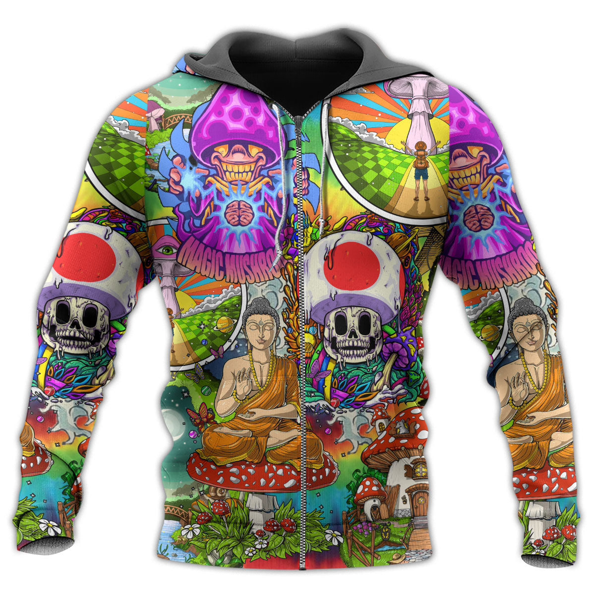 Zip Hoodie / S Hippie Mushroom Peace Colorful Let It Be - Hoodie - Owls Matrix LTD