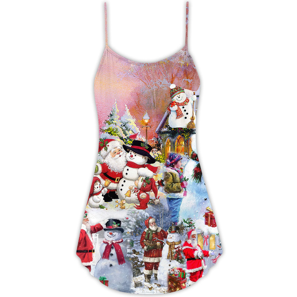 Santa And Snowman Christmas Snow Village - V-neck Sleeveless Cami Dress - Owls Matrix LTD