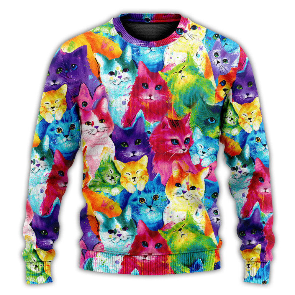 Christmas Sweater / S Cat Colorful Little Cute Kitten Happy Life - Sweater - Ugly Christmas Sweaters - Owls Matrix LTD