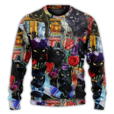 Christmas Sweater / S Black Cat Art With Flowers - Sweater - Ugly Christmas Sweaters - Owls Matrix LTD