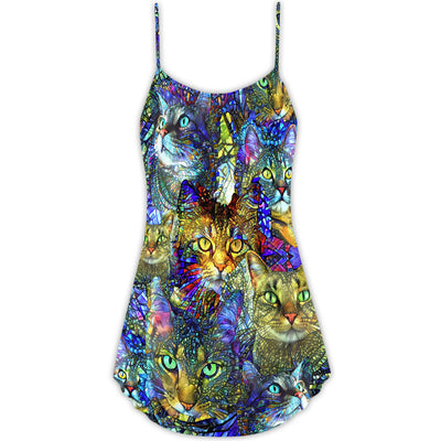 Tabby Cat Lover Art - V-neck Sleeveless Cami Dress - Owls Matrix LTD