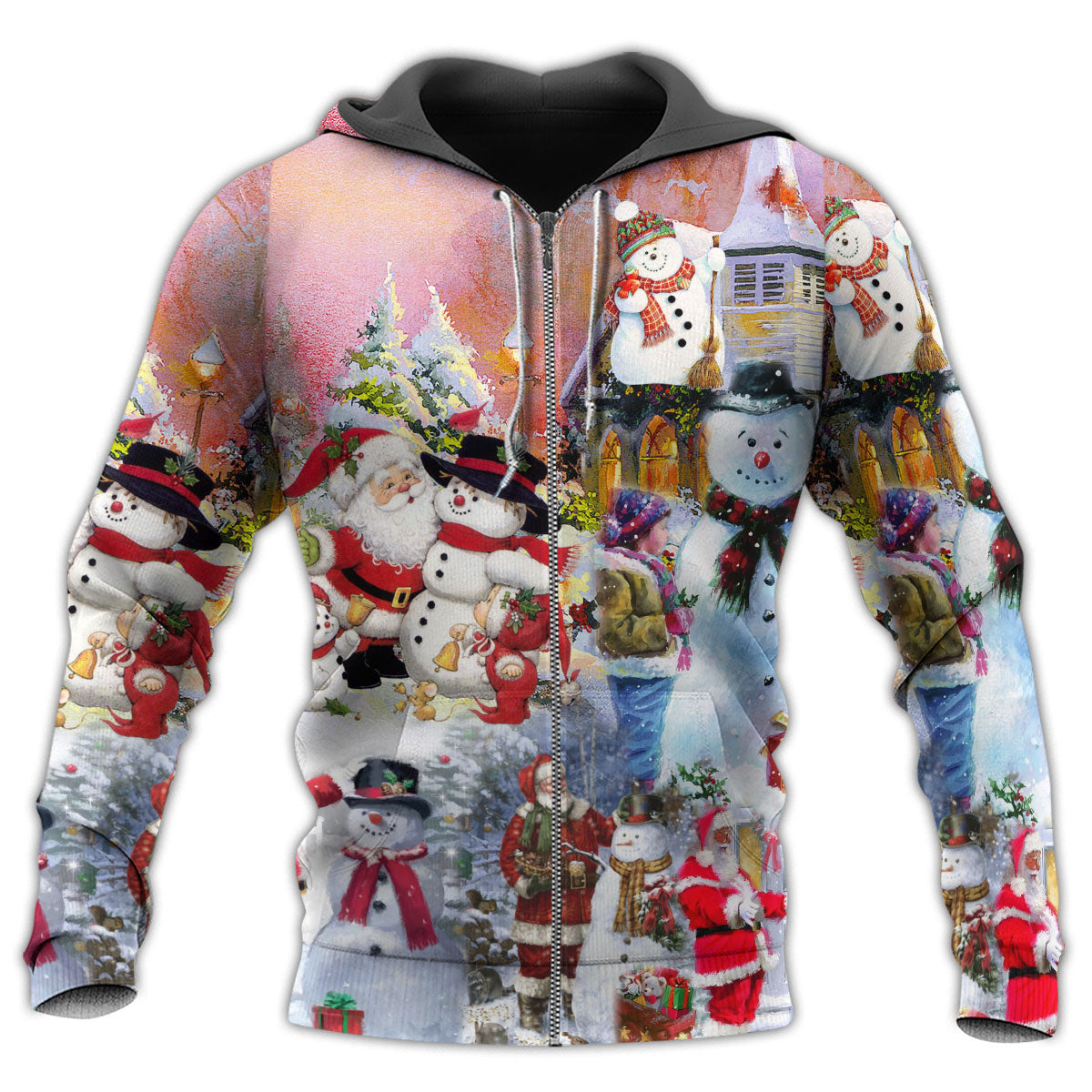 Zip Hoodie / S Santa And Snowman Christmas Snow Village - Hoodie - Owls Matrix LTD