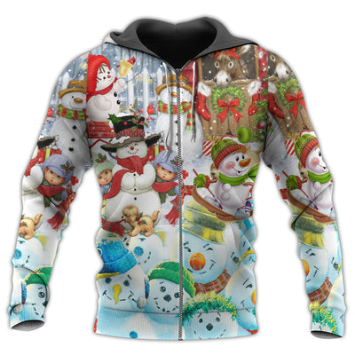 Zip Hoodie / S Snowman Happy Farm Holiday Christmas - Hoodie - Owls Matrix LTD