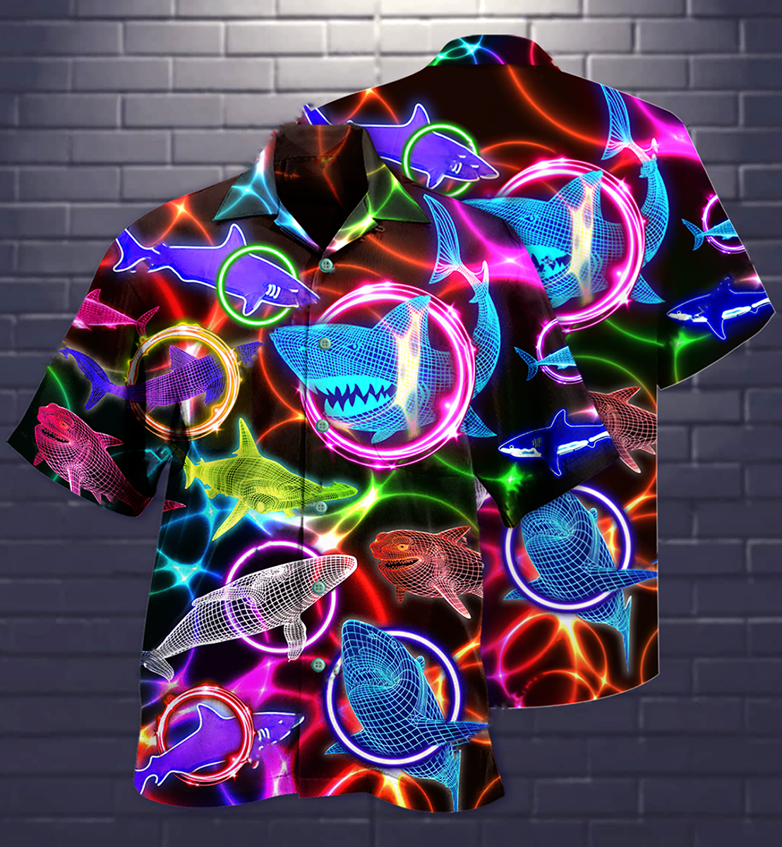 Shark Loves Circle Neon Style - Hawaiian Shirt - Owls Matrix LTD