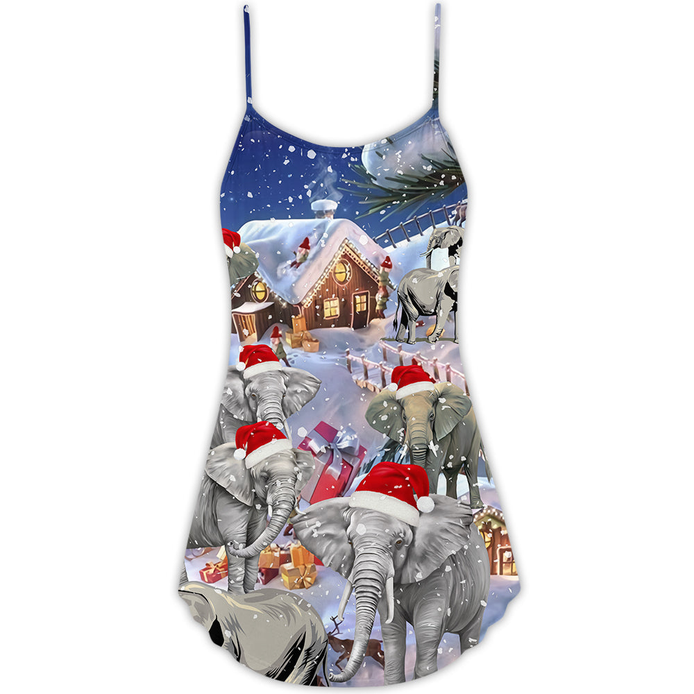 Christmas Elephant Happy Town - V-neck Sleeveless Cami Dress - Owls Matrix LTD
