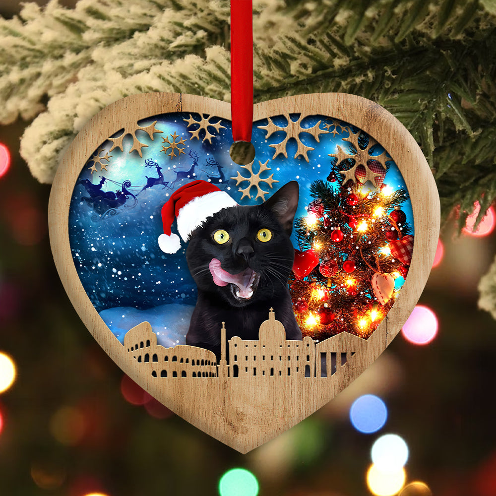 Christmas Black Cat Happy Xmas Light Santa Claus Decor Tree Hanging - Heart Ornament - Owls Matrix LTD