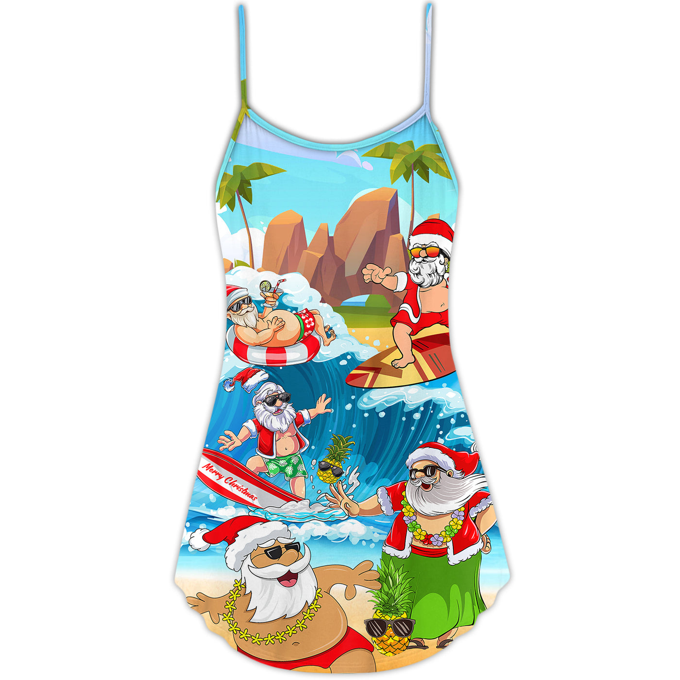 Christmas Santa Claus Play On The Beach Mele Kalikimaka Funny - V-neck Sleeveless Cami Dress - Owls Matrix LTD