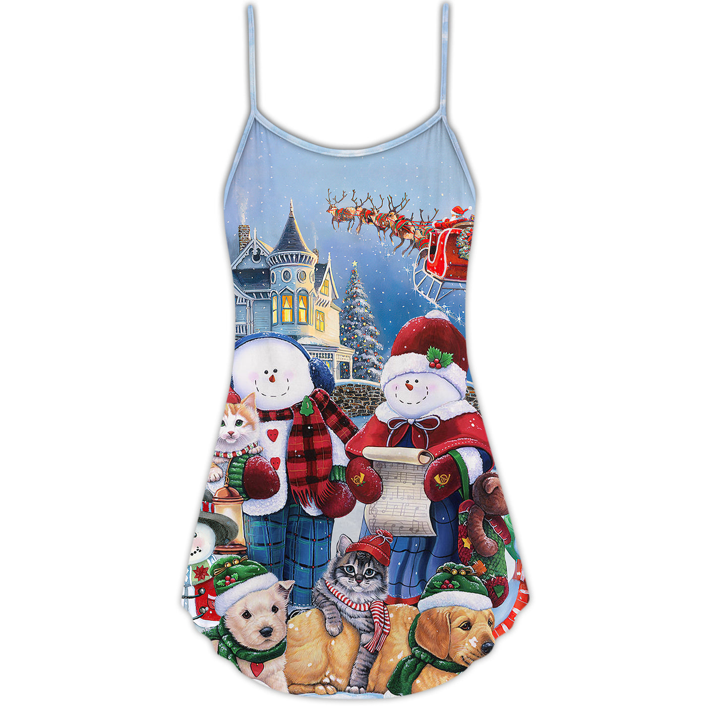 Christmas Family In Love Snowman So Happy Xmas Art Style - V-neck Sleeveless Cami Dress - Owls Matrix LTD