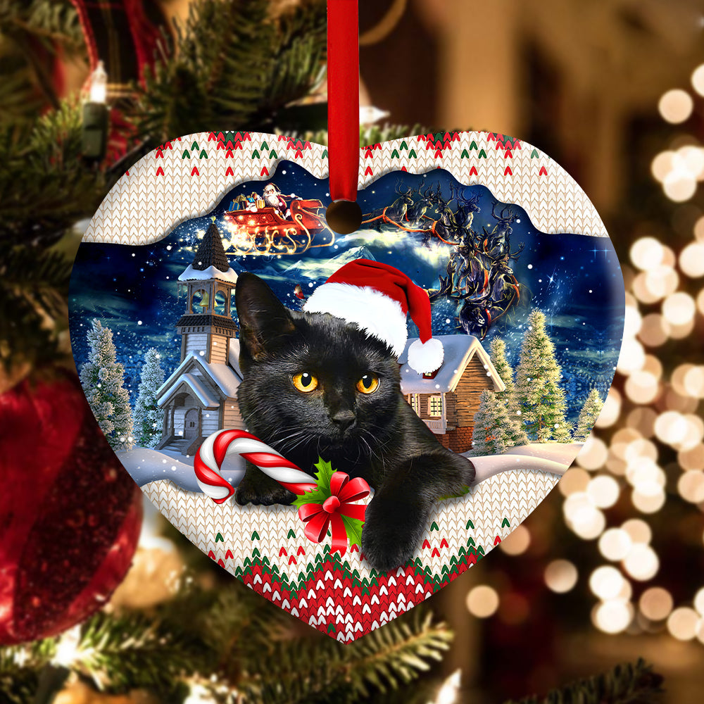 Christmas Black Cat Funny Xmas Light Santa Claus Decor Tree Hanging - Heart Ornament - Owls Matrix LTD