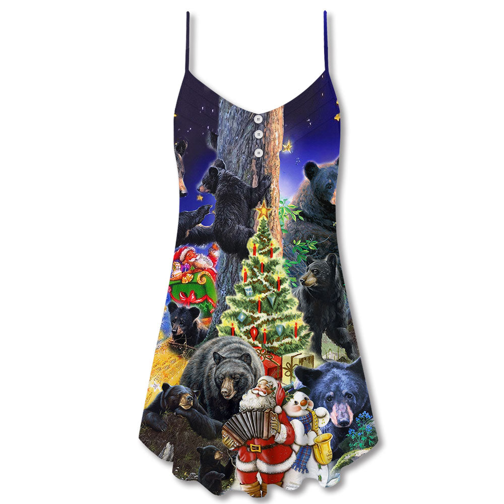 Bear Family Santa Merry Christmas Snow - V-neck Sleeveless Cami Dress - Owls Matrix LTD