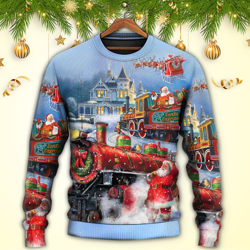 Christmas Santa Claus Train Gift For Xmas Painting Style - Sweater - Ugly Christmas Sweaters - Owls Matrix LTD