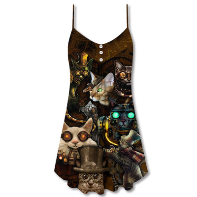 Cat Steampunk Art Steal Heart - V-neck Sleeveless Cami Dress - Owls Matrix LTD