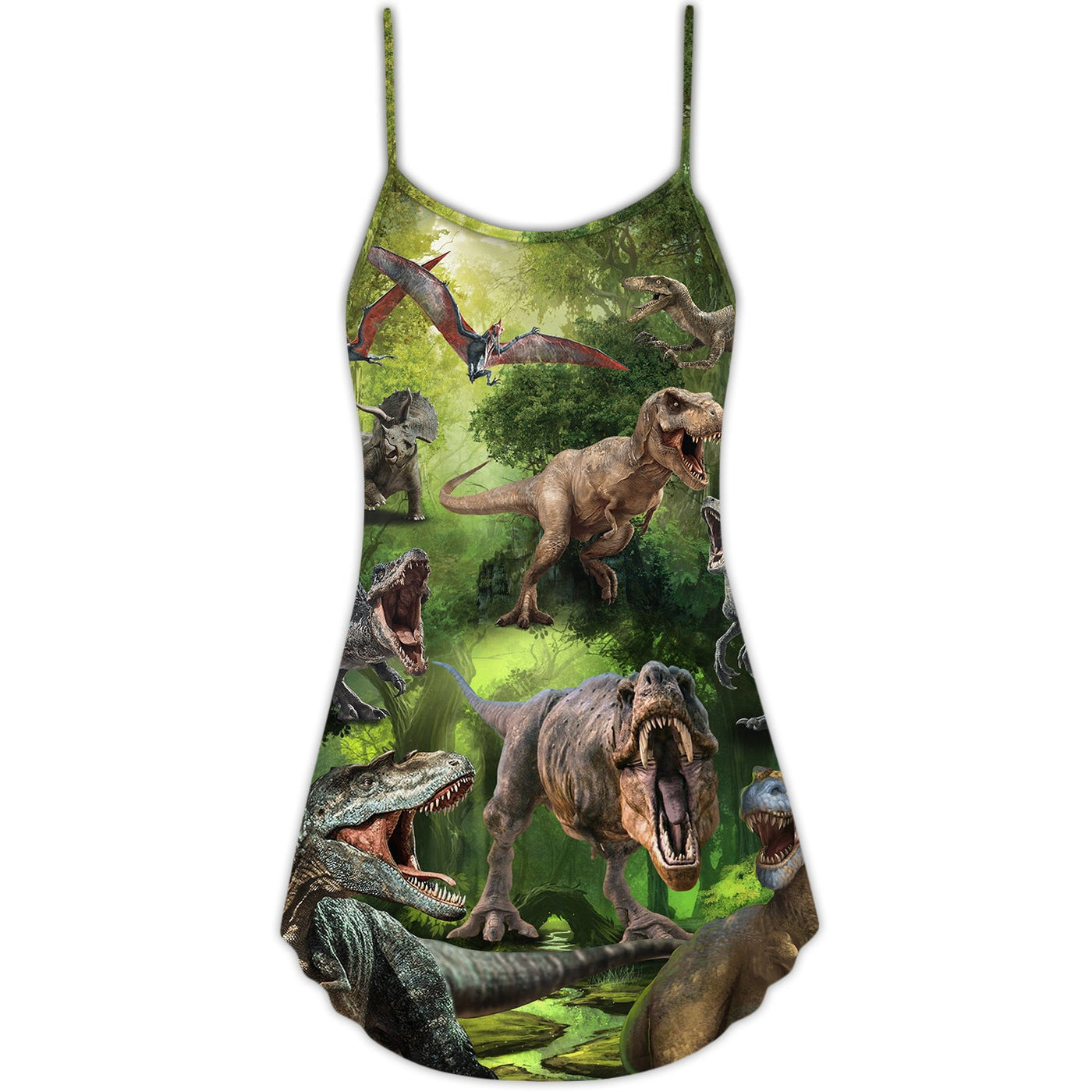 Dinosaur Cool In The Forest Style - V-neck Sleeveless Cami Dress - Owls Matrix LTD
