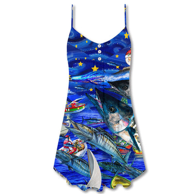 Fish Love Ocean Blue Merry Christmas - V-neck Sleeveless Cami Dress - Owls Matrix LTD