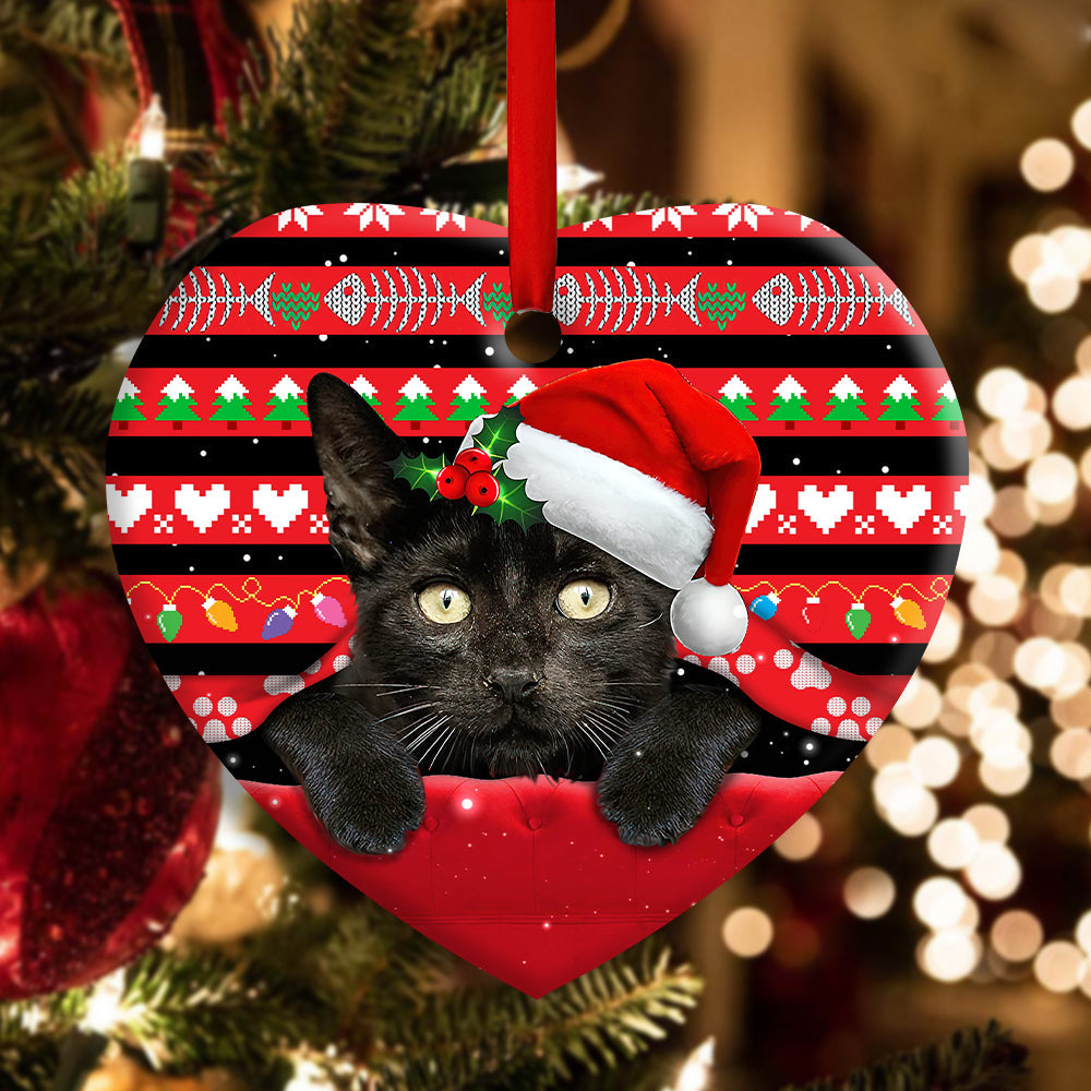 Christmas Black Cat Funny Xmas Decor Tree Hanging - Heart Ornament - Owls Matrix LTD