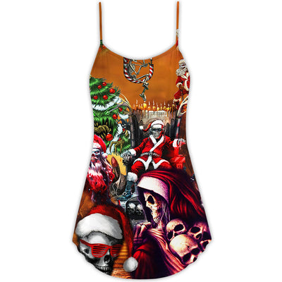Skull Santa Claus Merry Christmas - V-neck Sleeveless Cami Dress - Owls Matrix LTD