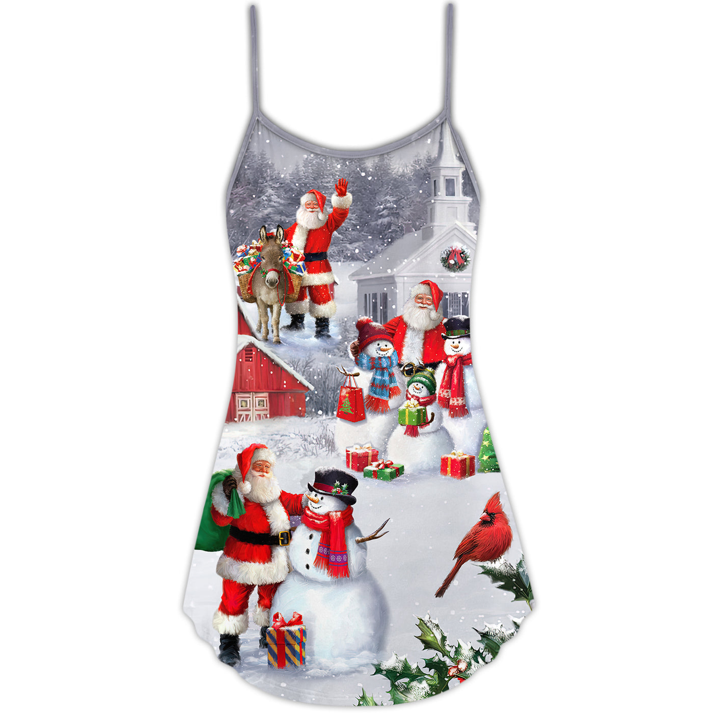 Christmas Santa Claus With Snowman Family In The Town Art Style - V-neck Sleeveless Cami Dress - Owls Matrix LTD
