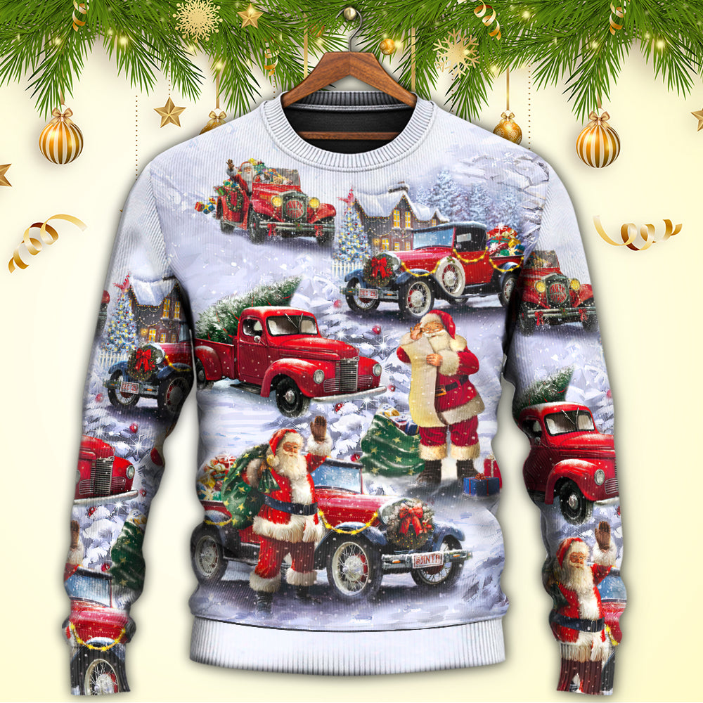 Christmas Santa Claus Funny Red Truck Gift For Xmas Painting Style - Sweater - Ugly Christmas Sweaters - Owls Matrix LTD