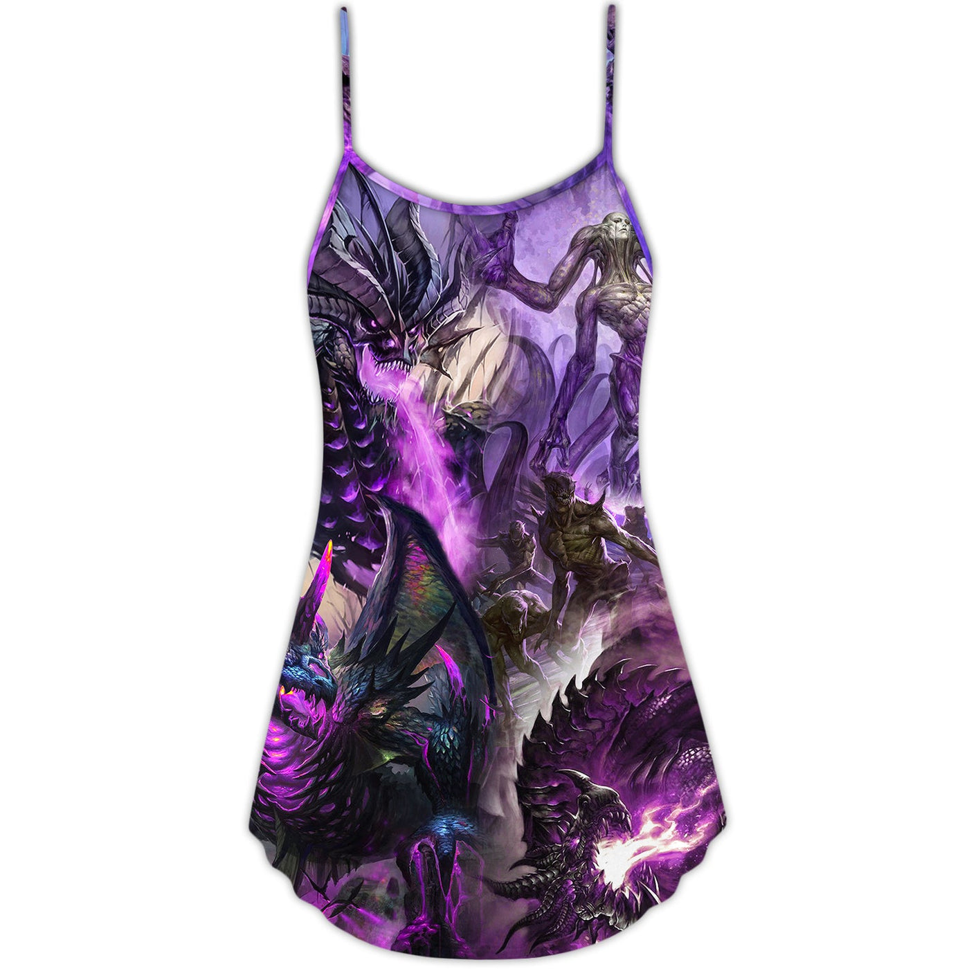 Dragon Purple Skull Monster Lightning Fight Art Style - V-neck Sleeveless Cami Dress - Owls Matrix LTD
