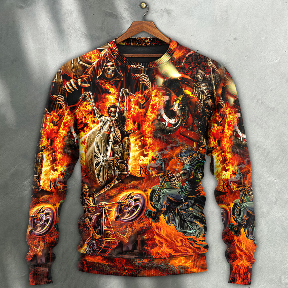 Motorcycle Lover Skull Fire Burning Art Style - Sweater - Ugly Christmas Sweaters - Owls Matrix LTD