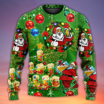 Christmas Funny Santa Claus Drinking Beer Happy Christmas Tree Green Light - Sweater - Ugly Christmas Sweaters - Owls Matrix LTD