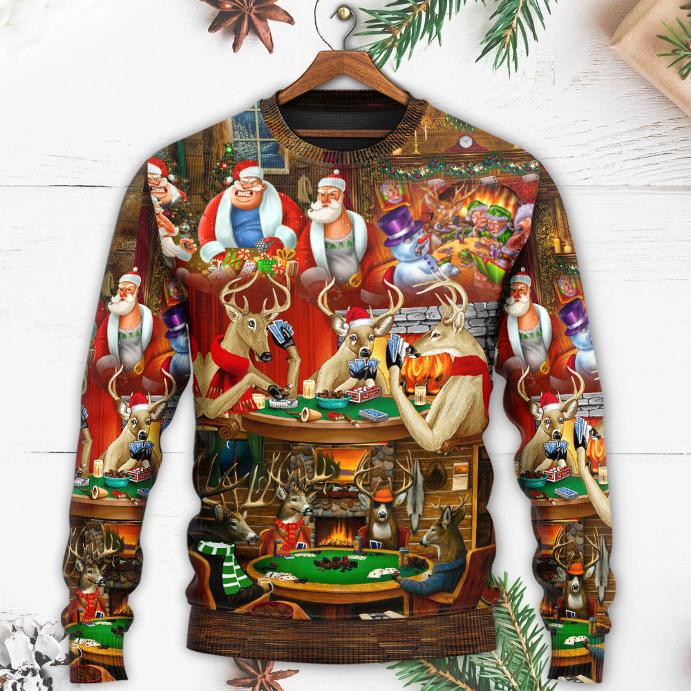 Christmas Poker Gambling Santa And Friends Play Poker - Sweater - Ugly Christmas Sweaters - Owls Matrix LTD