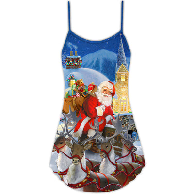 Christmas Santa Claus Reindeer Gift For Xmas Art Style - V-neck Sleeveless Cami Dress - Owls Matrix LTD