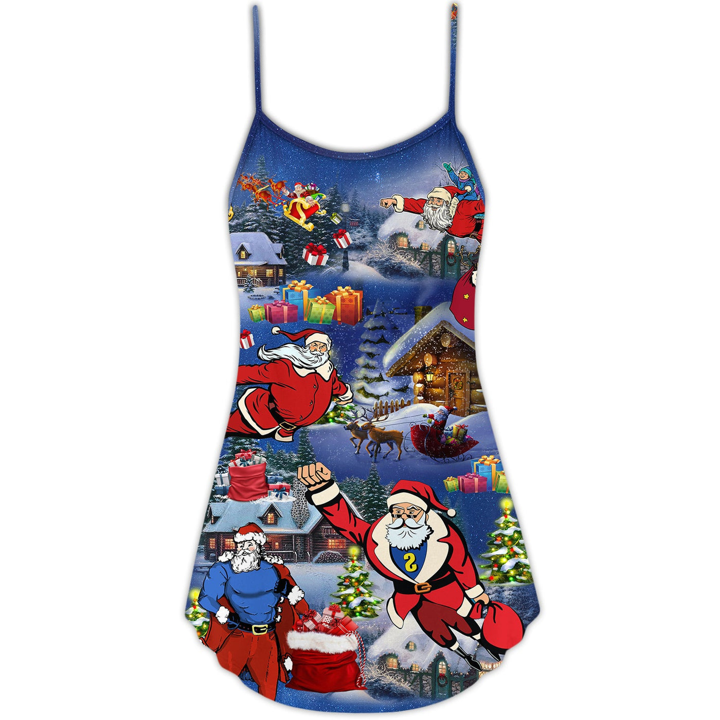 Christmas Flying Super Santa - V-neck Sleeveless Cami Dress - Owls Matrix LTD