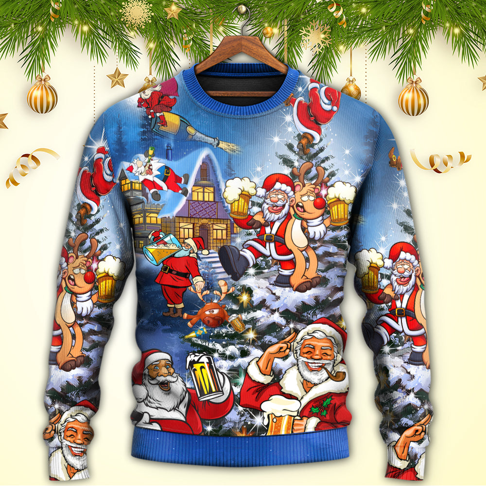 Christmas Funny Santa Claus Drinking Beer Troll Xmas - Sweater - Ugly Christmas Sweaters - Owls Matrix LTD
