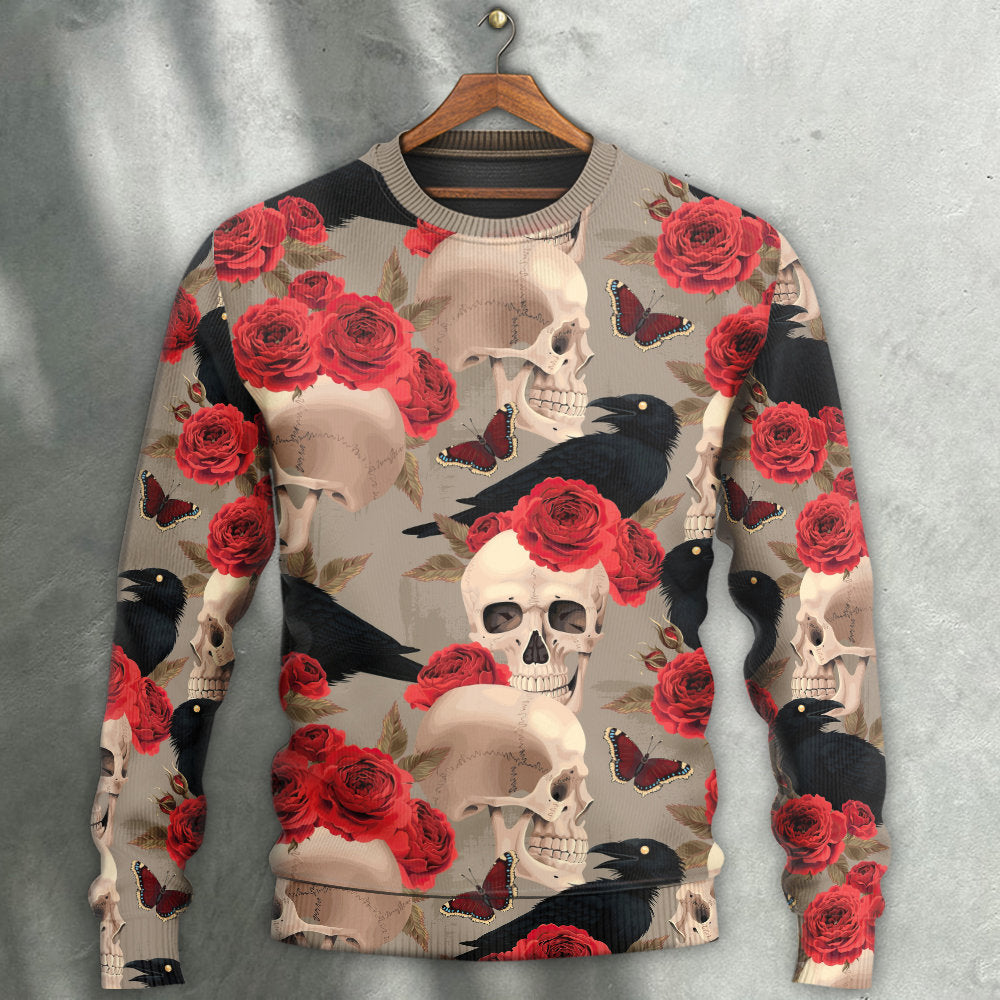 Skull With Rose Flower And Raven Gothic Style - Sweater - Ugly Christmas Sweaters - Owls Matrix LTD