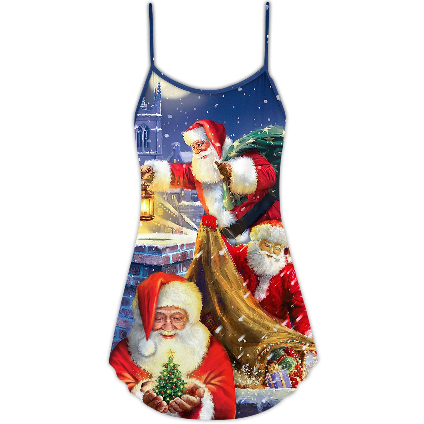 Christmas Funny Santa Claus Up On Rooftop Art Style - V-neck Sleeveless Cami Dress - Owls Matrix LTD