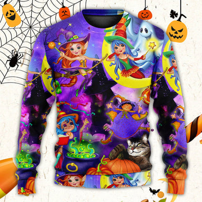 Halloween Funny Witch Ghost Cute Boo In The Magic Forest Art Style - Sweater - Ugly Christmas Sweaters - Owls Matrix LTD