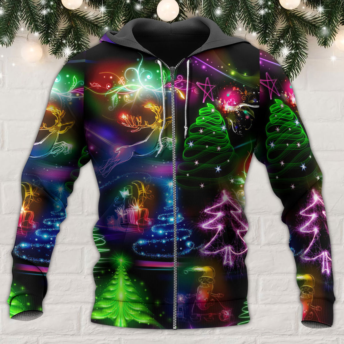 Christmas Neon Art Christmas Tree And Snowman Style - Hoodie - Owls Matrix LTD