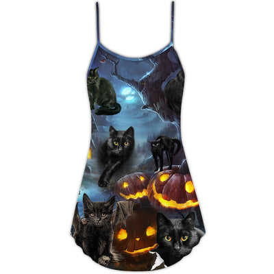 Halloween Black Cat Dark Night Style - V-neck Sleeveless Cami Dress - Owls Matrix LTD